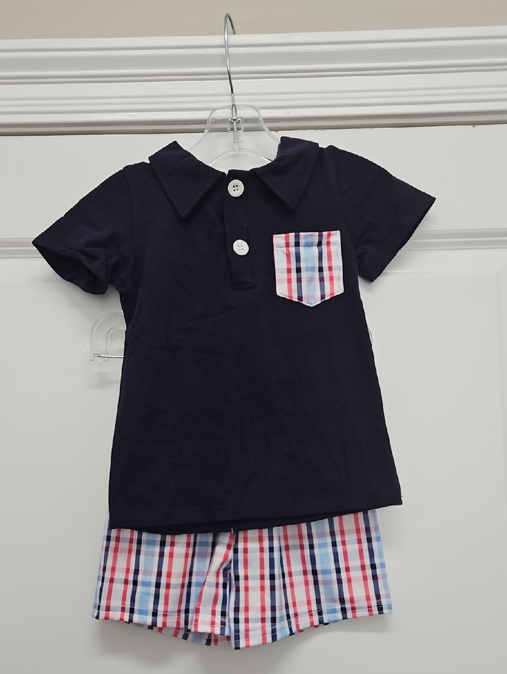 Kids Navy Polo & Plaid Shorts Matching Set